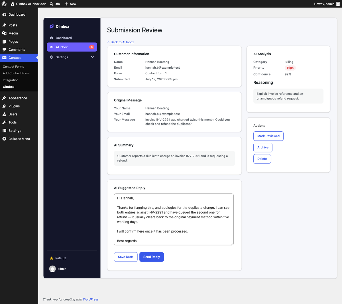 The submission review screen showing customer information, the original message, an AI summary and an editable suggested reply