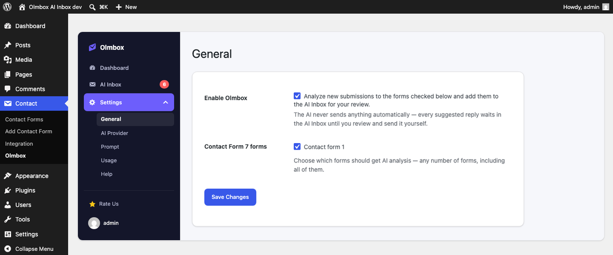 The General settings tab with an Enable Olmbox checkbox and a list of Contact Form 7 forms to select
