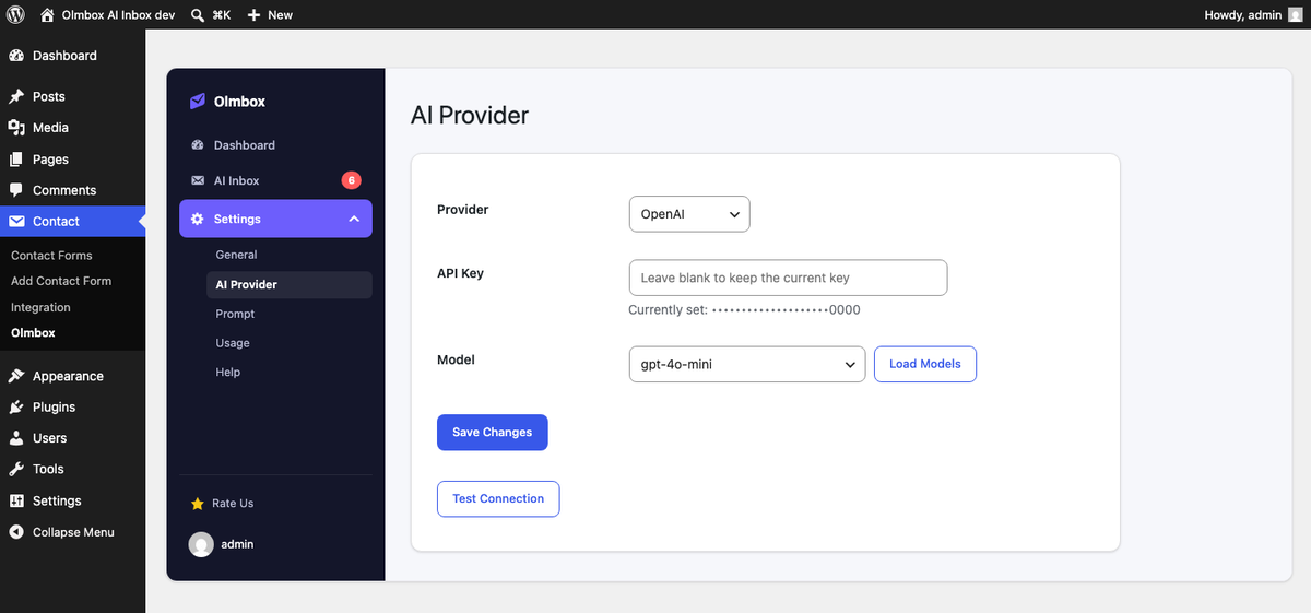 The AI Provider settings tab showing a provider dropdown, a masked API key, a model selector with a Load Models button, and a Test Connection button