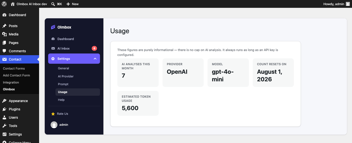 The Usage tab showing analyses this month, the active provider and model, the count reset date, and an estimated token usage figure